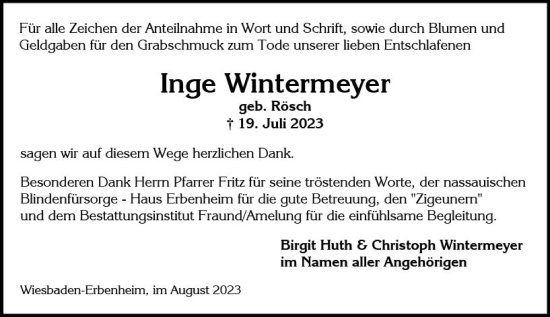 Traueranzeige von Inge Wintermeyer von Wiesbadener Kurier