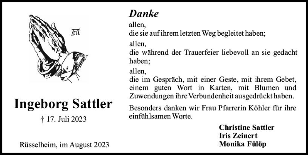  Traueranzeige für Ingeborg Sattler vom 19.08.2023 aus Rüsselsheimer Echo