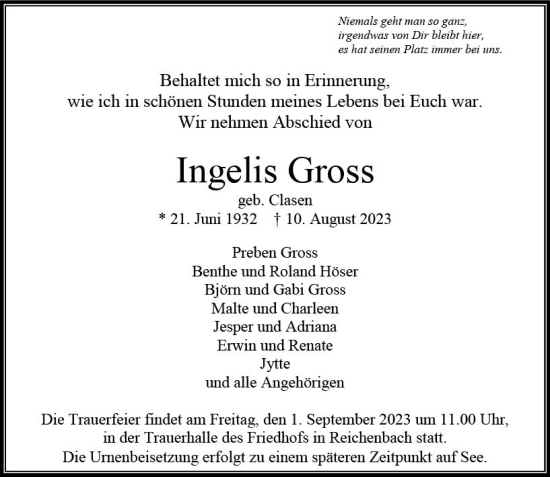 Traueranzeige von Ingelis Gross von Camberger Anzeiger