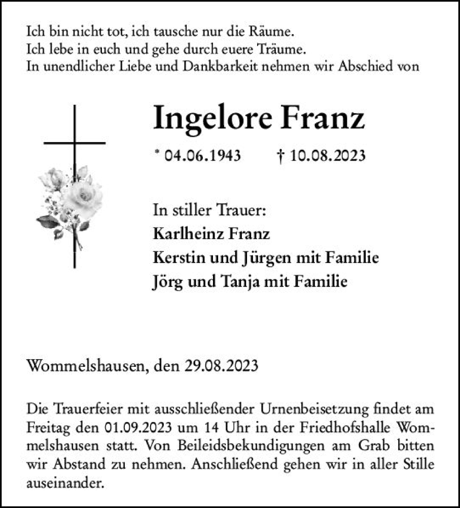  Traueranzeige für Ingelore Franz vom 29.08.2023 aus Hinterländer Anzeiger