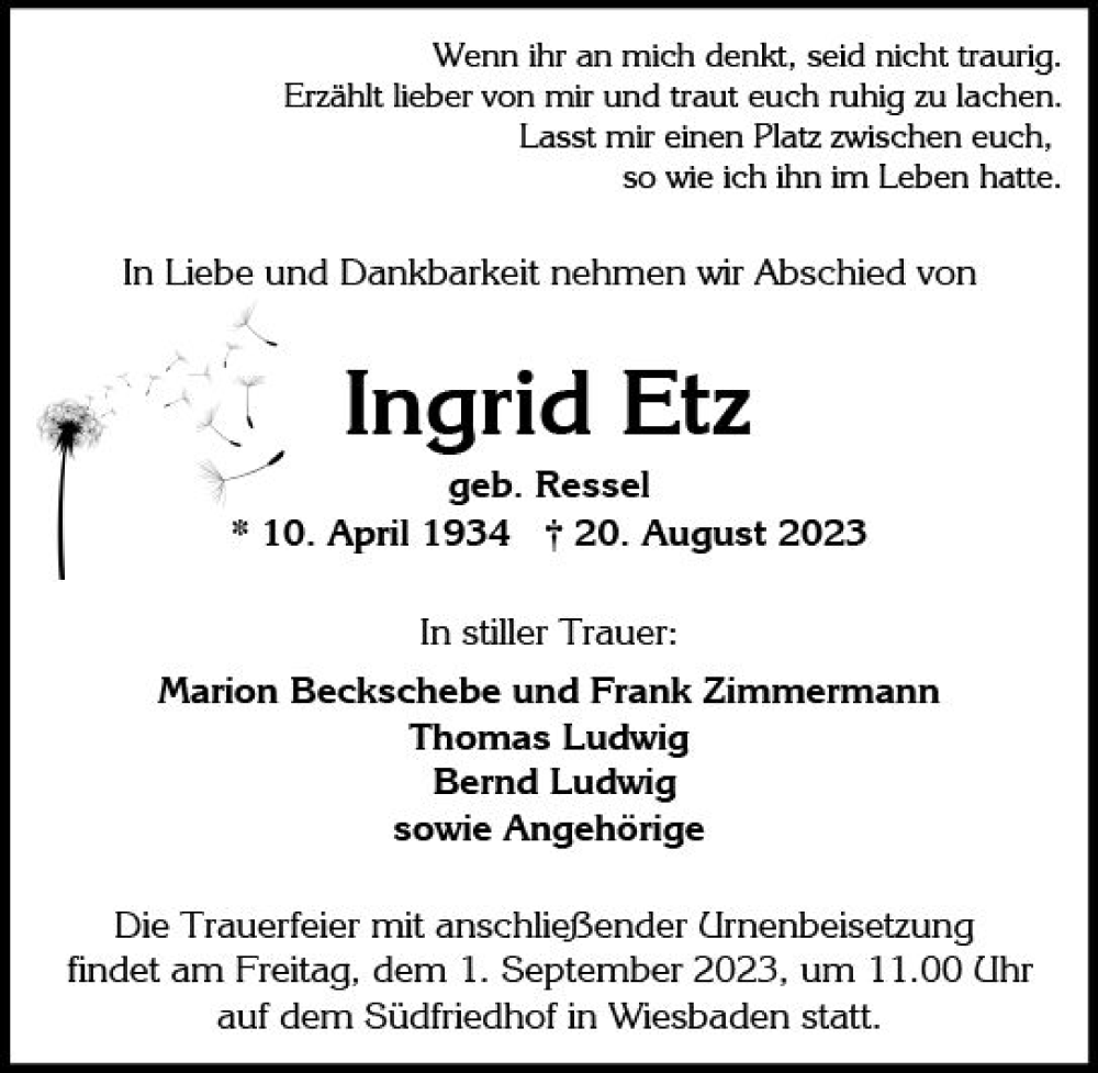  Traueranzeige für Ingrid Etz vom 26.08.2023 aus Wiesbadener Kurier