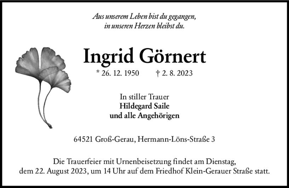  Traueranzeige für Ingrid Görnert vom 19.08.2023 aus Groß-Gerauer Echo