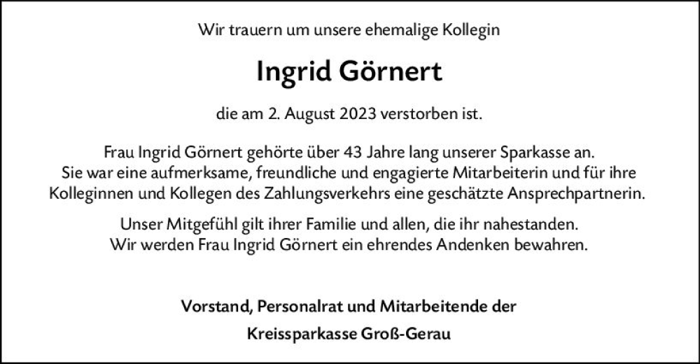  Traueranzeige für Ingrid Görnert vom 19.08.2023 aus Groß-Gerauer Echo