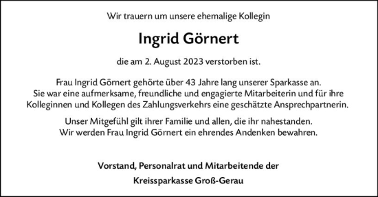 Traueranzeige von Ingrid Görnert von Groß-Gerauer Echo