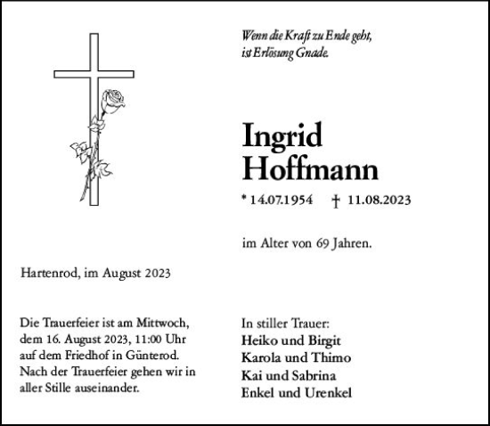 Traueranzeige von Ingrid Hoffmann von Hinterländer Anzeiger