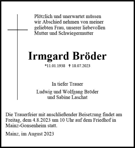 Traueranzeige von Irmgard Bröder von Allgemeine Zeitung Mainz