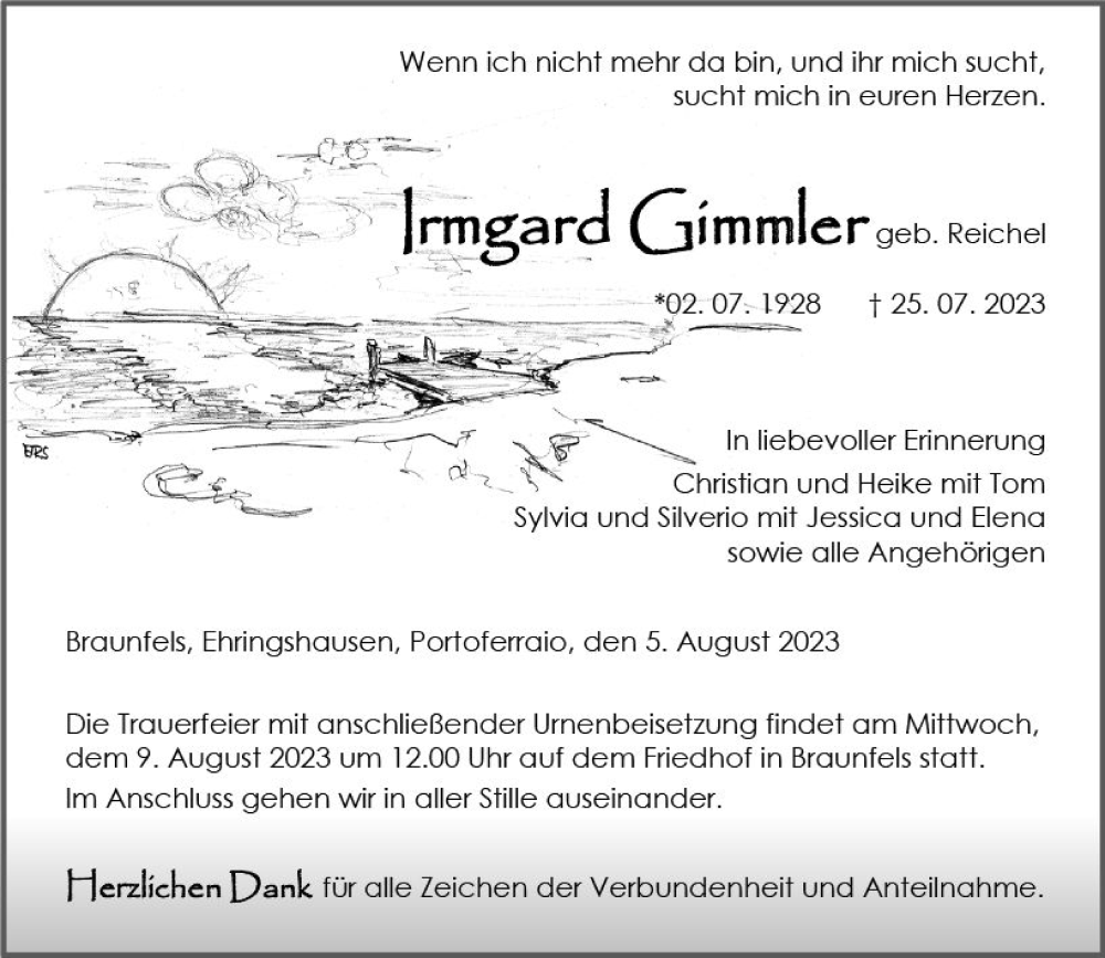  Traueranzeige für Irmgard Gimmler vom 05.08.2023 aus Wetzlarer Neue Zeitung