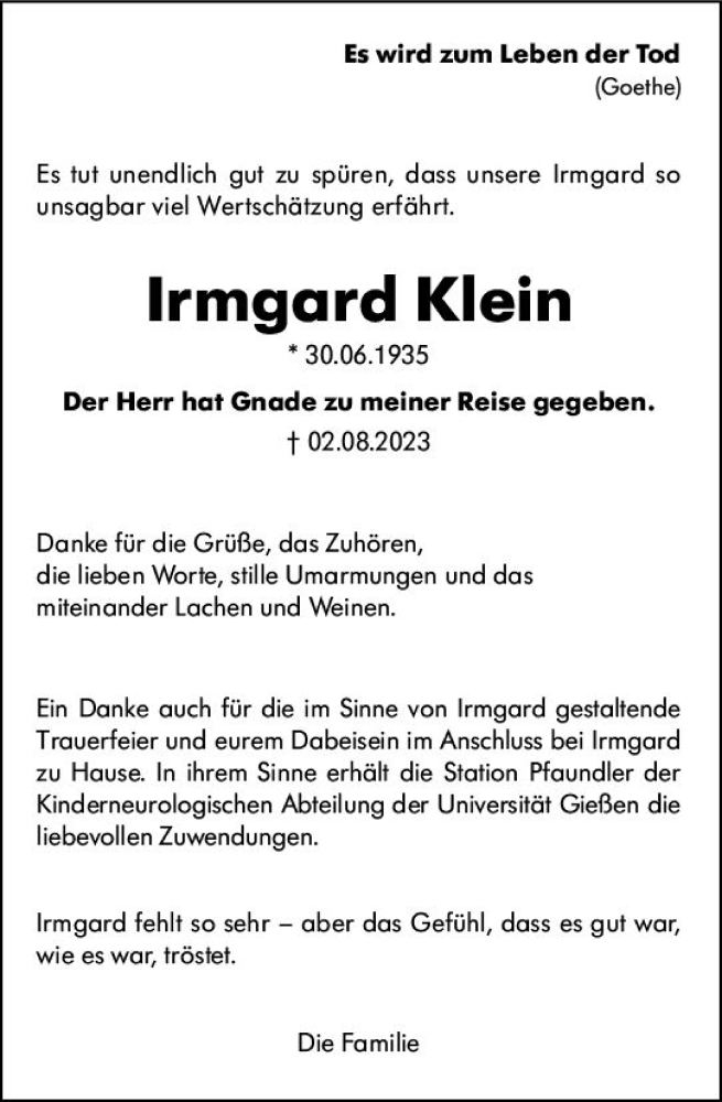  Traueranzeige für Irmgard Klein vom 26.08.2023 aus Dill Block