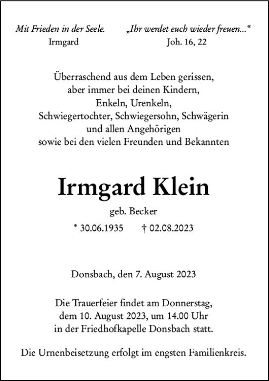 Traueranzeige von Irmgard Klein von Dill Block