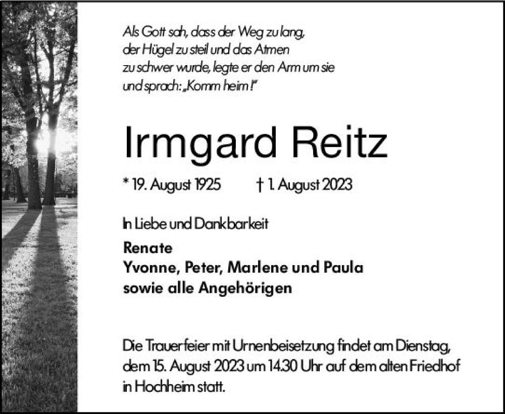  Traueranzeige für Irmgard Reitz vom 11.08.2023 aus Hochheimer Zeitung