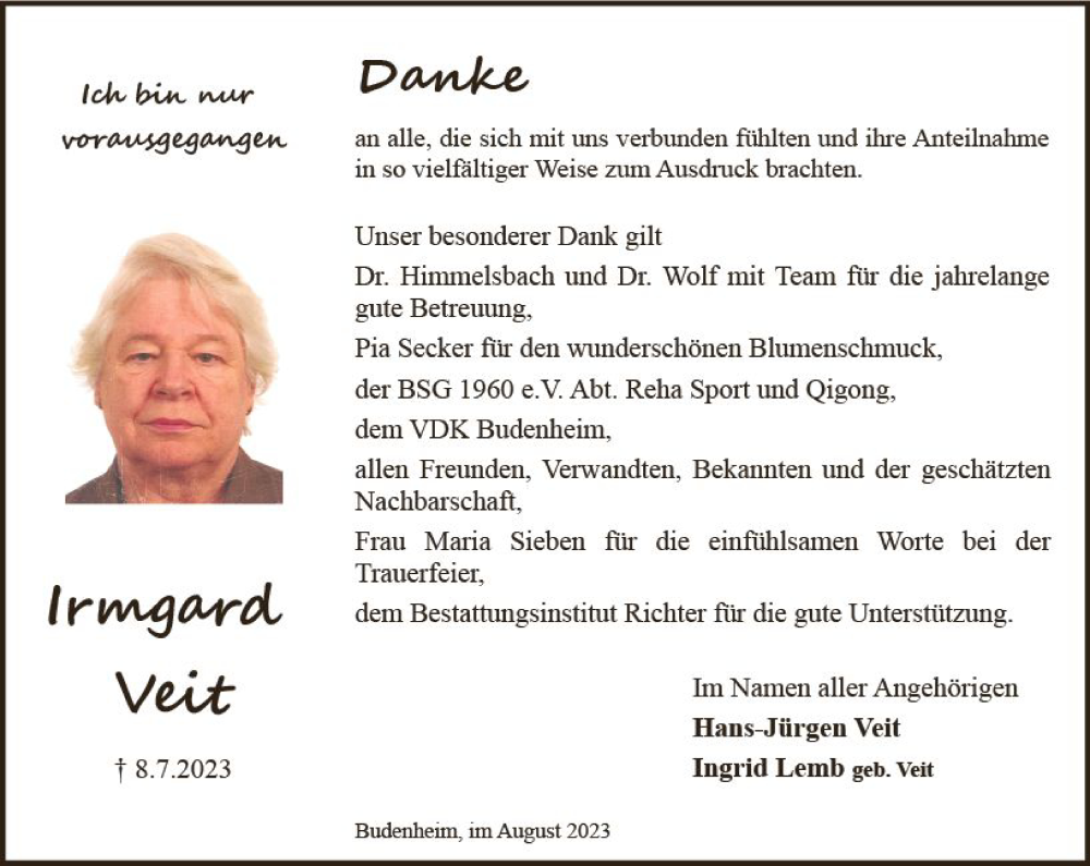  Traueranzeige für Irmgard Veit vom 12.08.2023 aus Allgemeine Zeitung Mainz