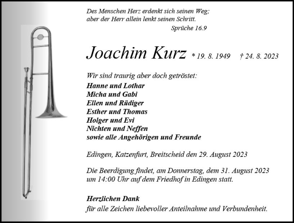  Traueranzeige für Joachim Kurz vom 29.08.2023 aus Dill Block