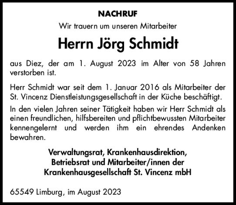  Traueranzeige für Jörg Schmidt vom 26.08.2023 aus Nassauische Neue Presse