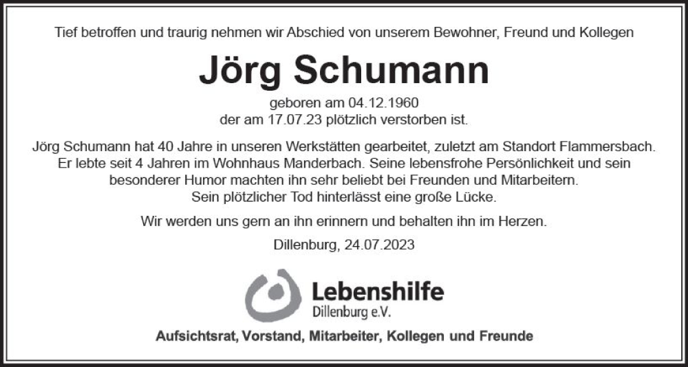  Traueranzeige für Jörg Schumann vom 09.08.2023 aus Dill Block