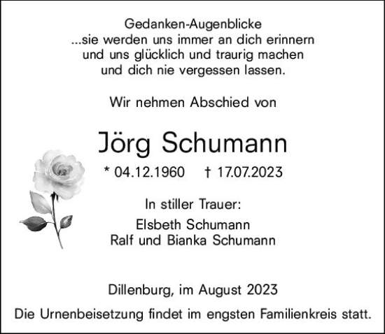 Traueranzeige von Jörg Schumann von Dill Block