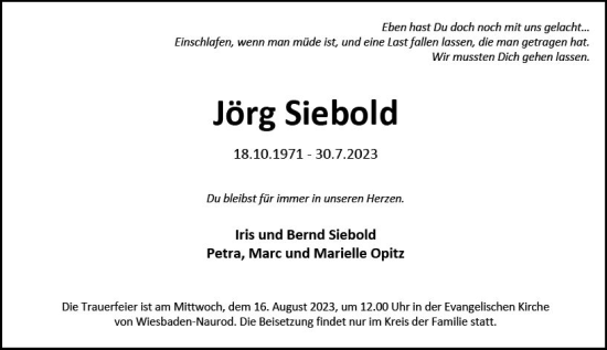 Traueranzeige von Jörg Siebold von Wiesbadener Kurier