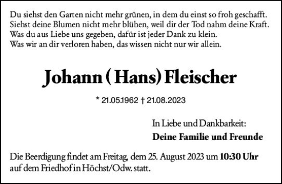 Traueranzeige von Johann Fleischer von Odenwälder Echo