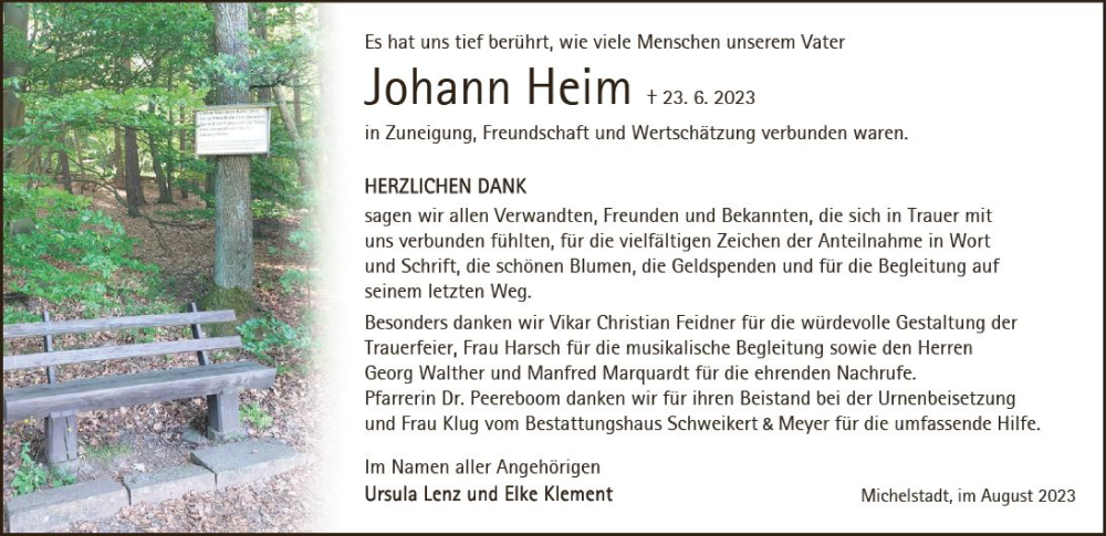  Traueranzeige für Johann Heim vom 05.08.2023 aus Odenwälder Echo