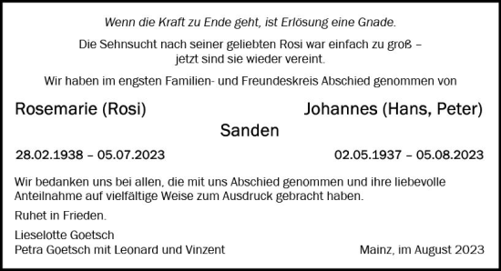 Traueranzeige von Johannes Sanden von Allgemeine Zeitung Mainz