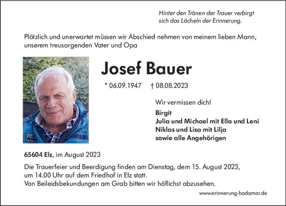  Traueranzeige für Josef Bauer vom 12.08.2023 aus Nassauische Neue Presse