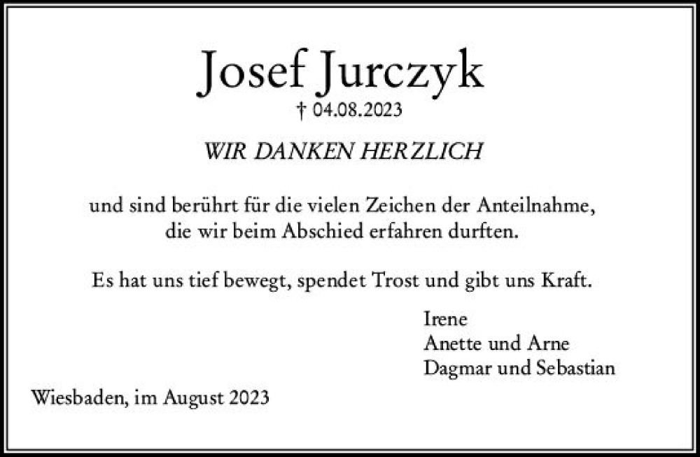  Traueranzeige für Josef Jurczyk vom 26.08.2023 aus Wiesbadener Kurier