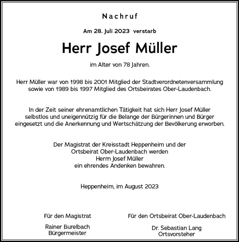  Traueranzeige für Josef Müller vom 16.08.2023 aus Starkenburger Echo