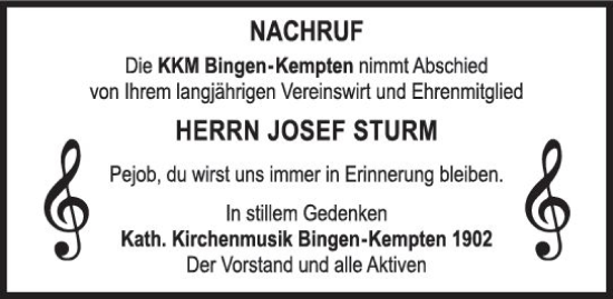 Traueranzeige von Josef Sturm von Bingen/Ingelheim WOBL inkl. Neue Binger Ztg.