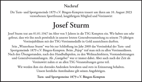Traueranzeige von Josef Sturm von Allgemeine Zeitung Bingen/Ingelheim
