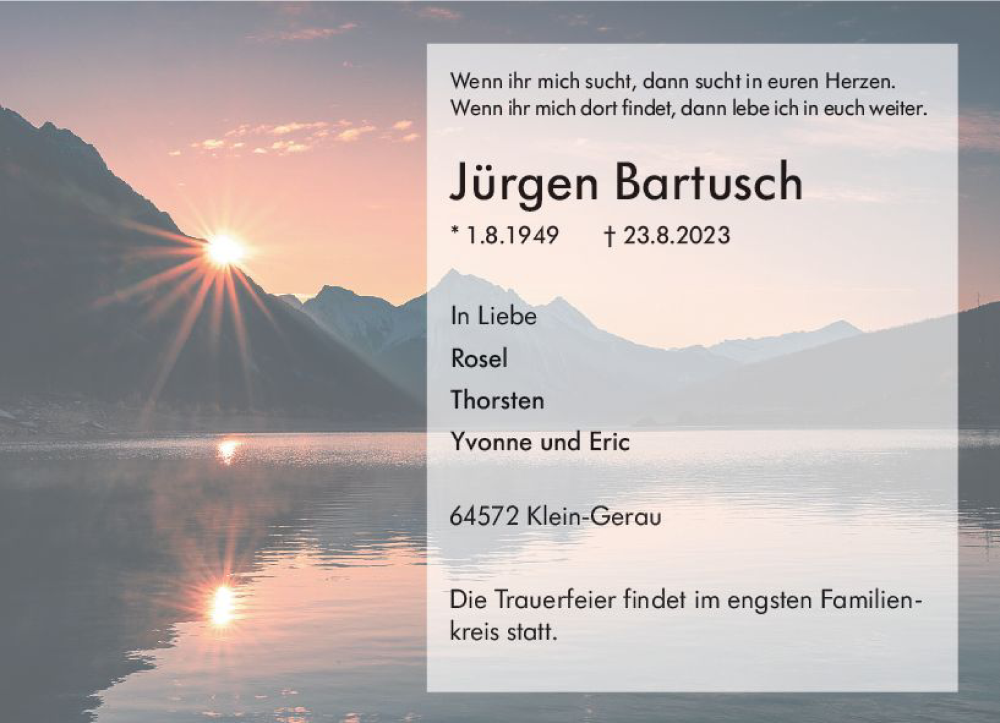  Traueranzeige für Jürgen Bartusch vom 31.08.2023 aus Groß-Gerauer Echo
