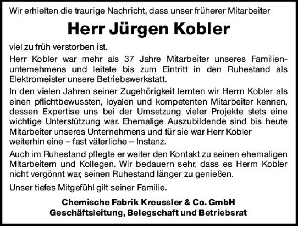  Traueranzeige für Jürgen Kobler vom 05.08.2023 aus Wiesbadener Kurier
