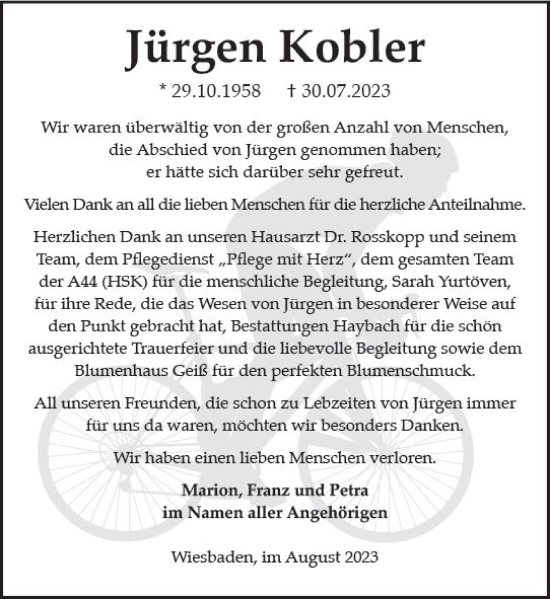 Traueranzeige von Jürgen Kobler von Wiesbadener Kurier