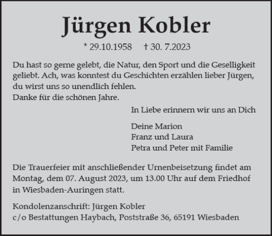 Traueranzeige von Jürgen Kobler von Wiesbadener Kurier