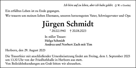 Traueranzeige von Jürgen Schmidt von Dill Block