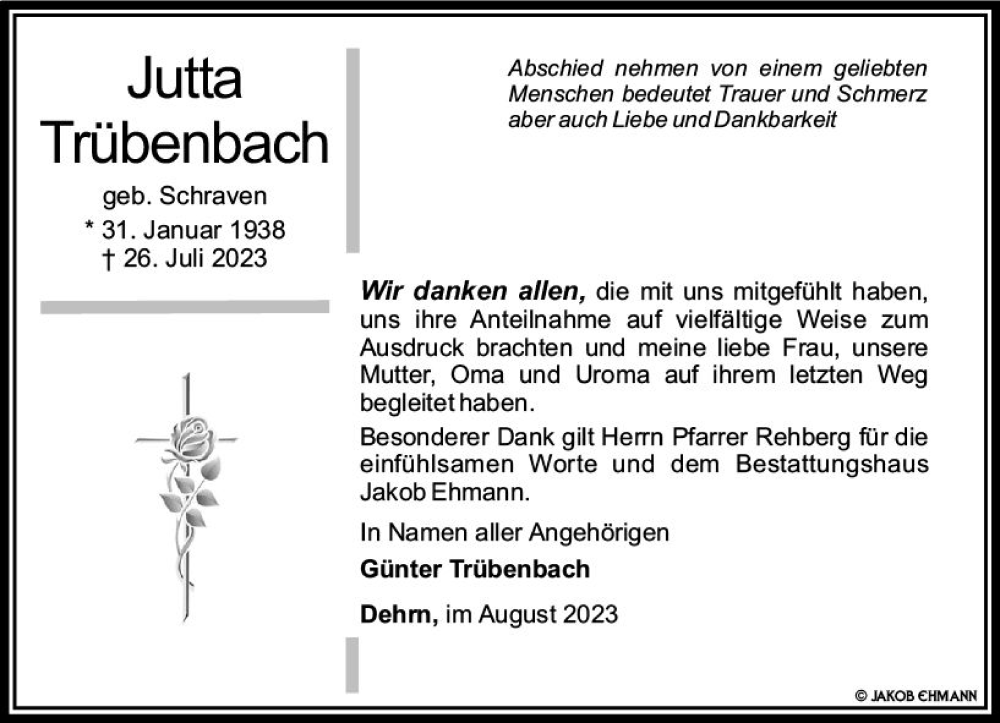  Traueranzeige für Jutta Trübenbach vom 26.08.2023 aus Nassauische Neue Presse
