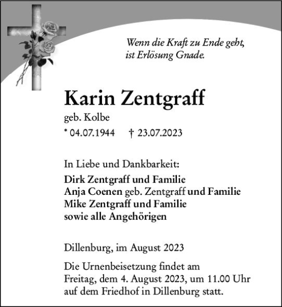 Traueranzeige von Karin Zentgraff von Dill Block