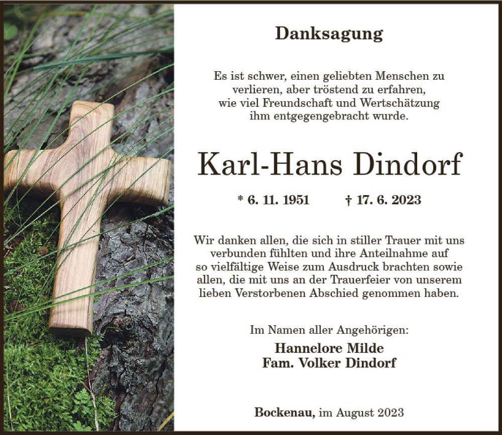  Traueranzeige für Karl-Hans Dindorf vom 05.08.2023 aus Allgemeine Zeitung Bad Kreuznach