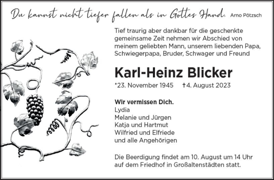 Traueranzeige von Karl-Heinz Blicker von Wetzlarer Neue Zeitung