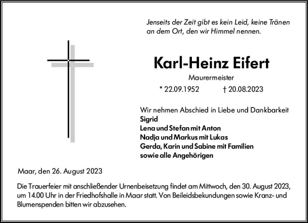  Traueranzeige für Karl-Heinz Eifert vom 26.08.2023 aus VRM Trauer