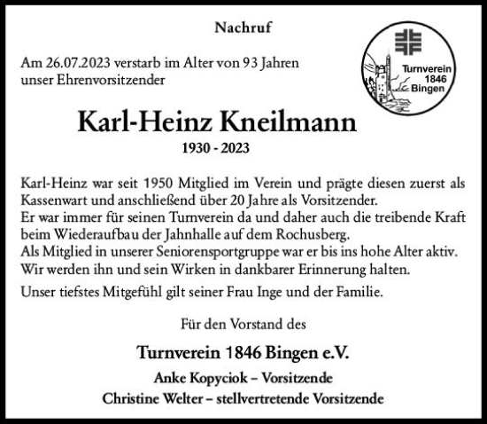 Traueranzeige von Karl-Heinz Kneilmann von Bingen/Ingelheim WOBL inkl. Neue Binger Ztg.
