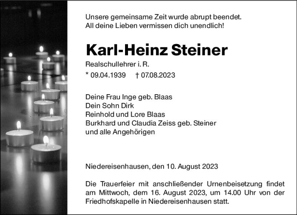  Traueranzeige für Karl-Heinz Steiner vom 10.08.2023 aus Hinterländer Anzeiger
