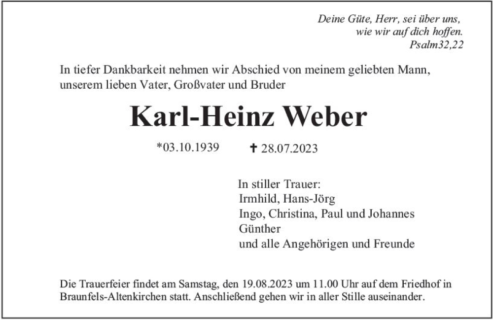  Traueranzeige für Karl-Heinz Weber vom 12.08.2023 aus Wetzlarer Neue Zeitung