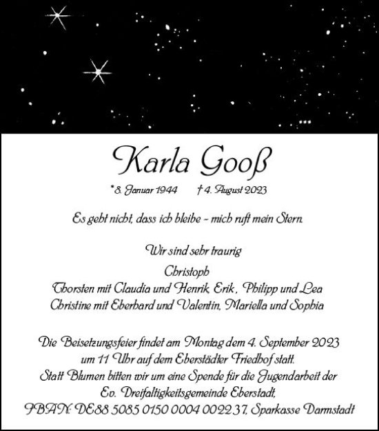 Traueranzeige von Karla Gooß von Darmstädter Echo