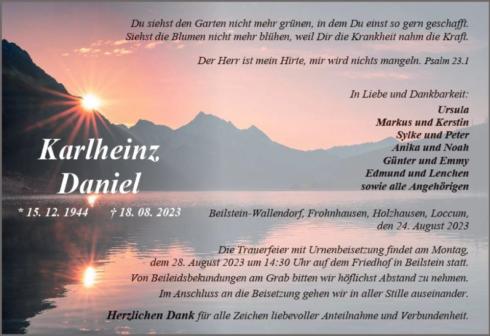  Traueranzeige für Karlheinz Daniel vom 24.08.2023 aus Dill Block