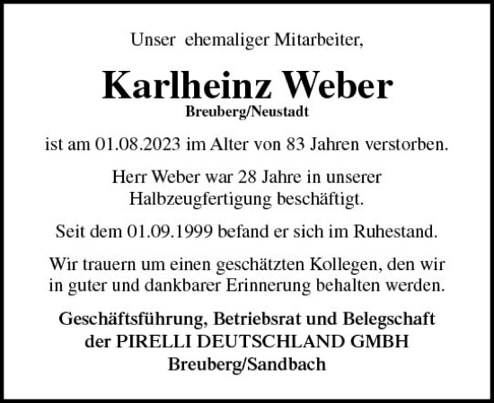 Traueranzeige von Karlheinz Weber von Odenwälder Echo