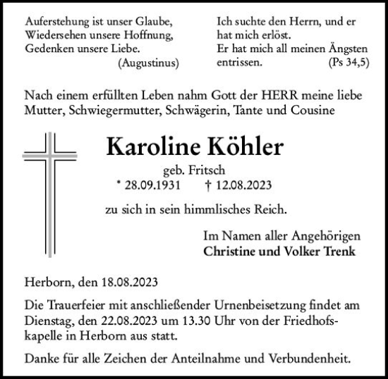 Traueranzeige von Karoline Köhler von Dill Block