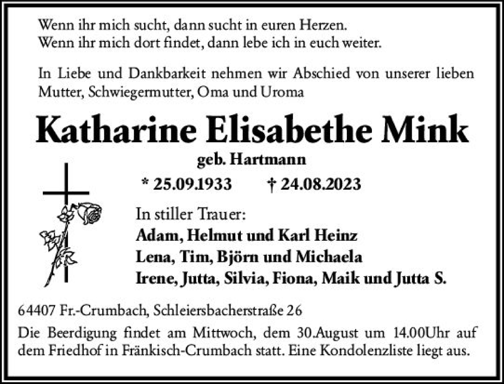  Traueranzeige für Katharine Elisabethe Mink vom 28.08.2023 aus Odenwälder Echo