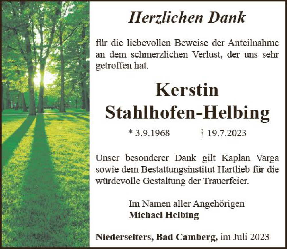  Traueranzeige für Kerstin Stahlhofen vom 31.08.2023 aus Camberger Anzeiger