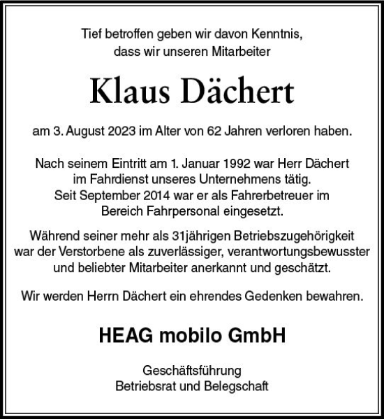 Traueranzeige von Klaus Dächert von Darmstädter Echo