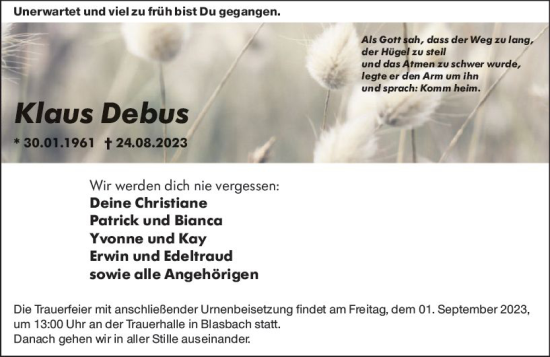 Traueranzeige von Klaus Debus von Wetzlarer Neue Zeitung