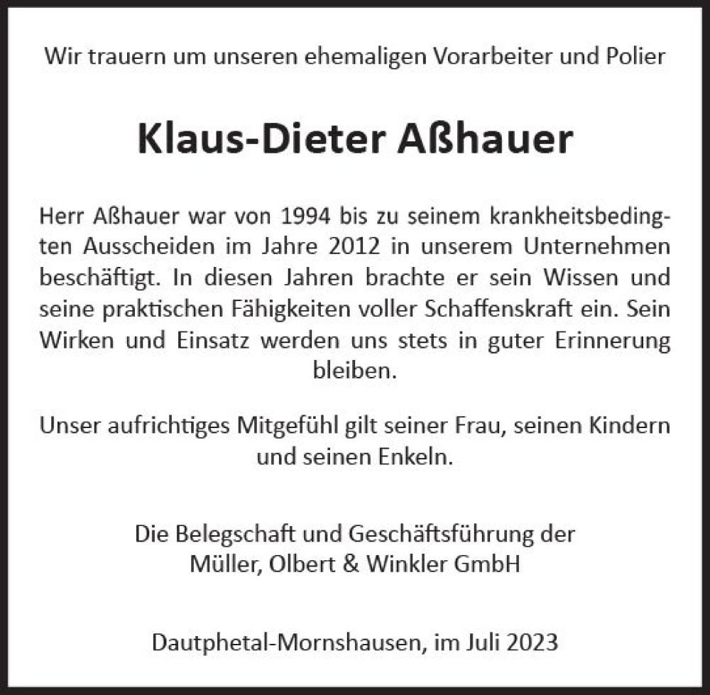  Traueranzeige für Klaus-Dieter Aßhauer vom 05.08.2023 aus Hinterländer Anzeiger